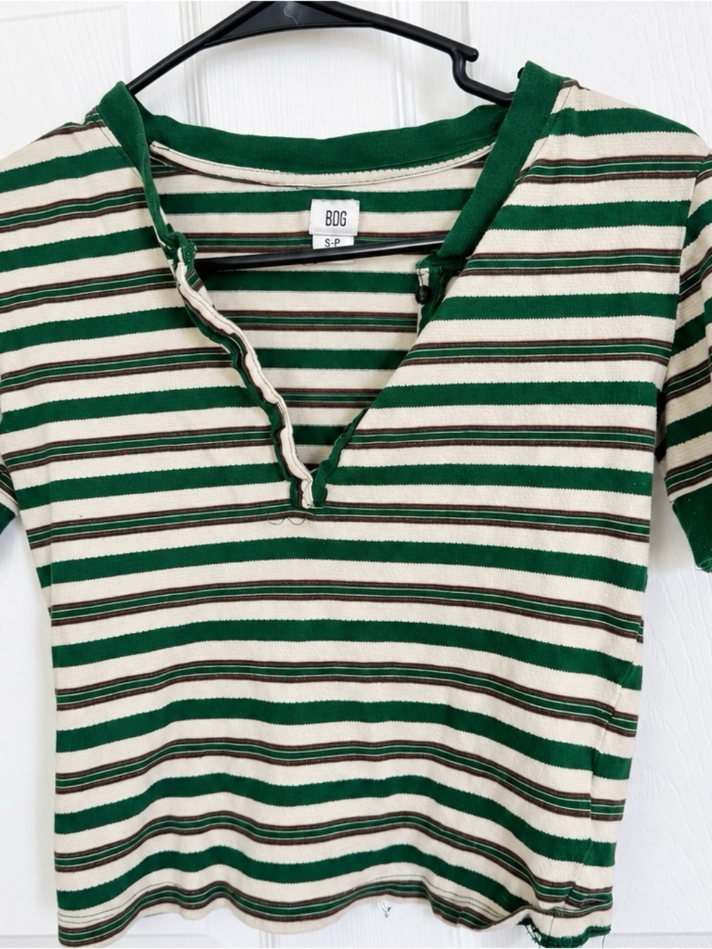 BDG Green Cream & Brown Striped Short Sleeve Crop Top